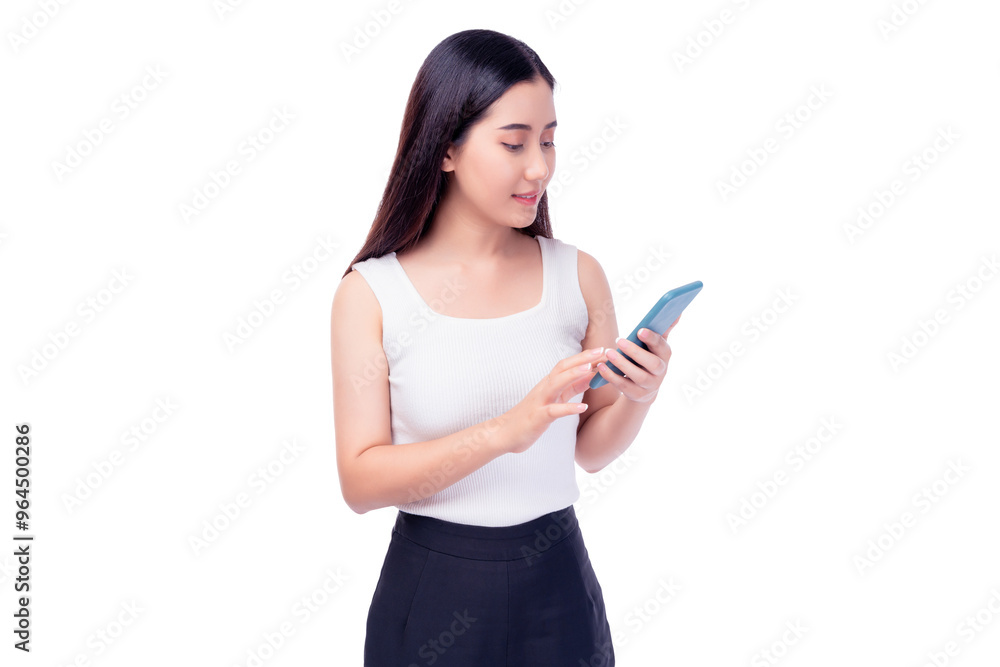 Happy and excited young woman using mobile phone standing over isolated on white background and copy space Young girl using smartphone for shopping online chat and texting message She get surprised Happy and excited young woman using mobile phone standing over isolated on white background and copy space Young girl using smartphone for shopping online chat and texting message She get surprised