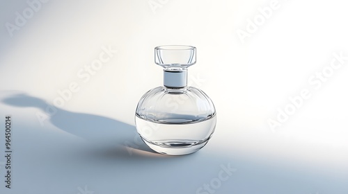 Elegant Glass Bottle: A minimalist glass perfume bottle with a sleek design, centered on a pure white background, casting a soft shadow. 