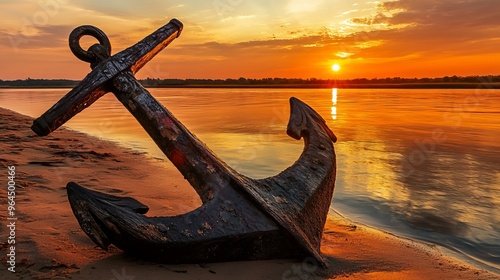 A wooden anchor lies abandoned on a sandy shore as the sun dips below the horizon, casting a warm glow over the calm river waters. 