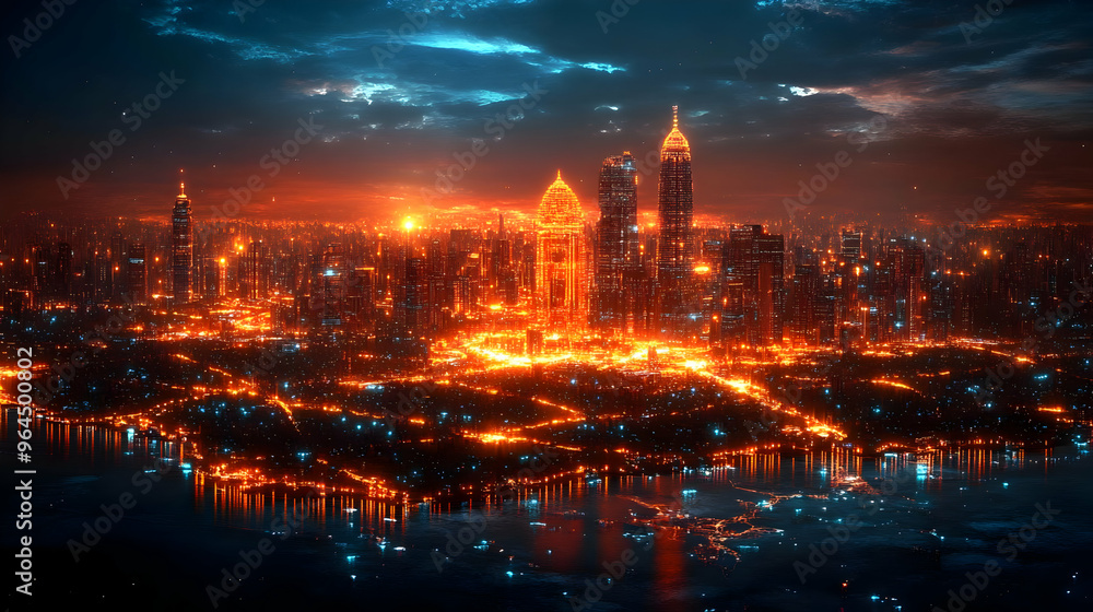 A futuristic cityscape illuminated by glowing lights against a dramatic sky. A futuristic cityscape illuminated by glowing lights against a dramatic sky.