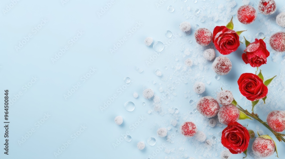 A serene arrangement of red roses and frosted berries on a light blue background, evoking a festive or romantic atmosphere. A serene arrangement of red roses and frosted berries on a light blue background, evoking a festive or romantic atmosphere.