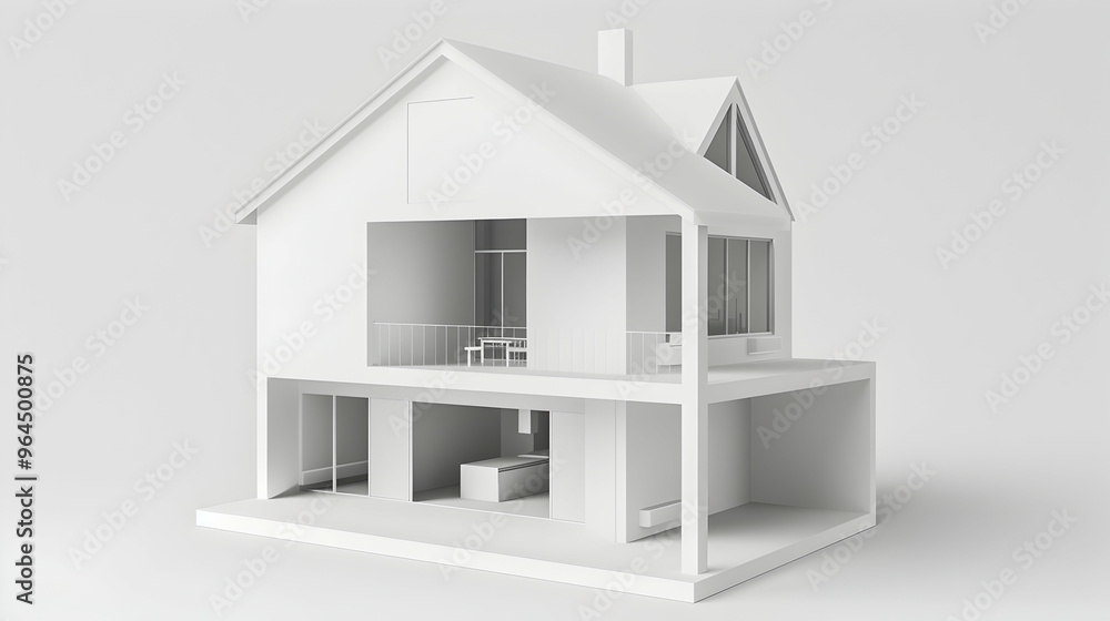White simple empty 3d house in cross section, on light gray background. Real estate concept or symbol. 3d illustration White simple empty 3d house in cross section, on light gray background. Real estate concept or symbol. 3d illustration