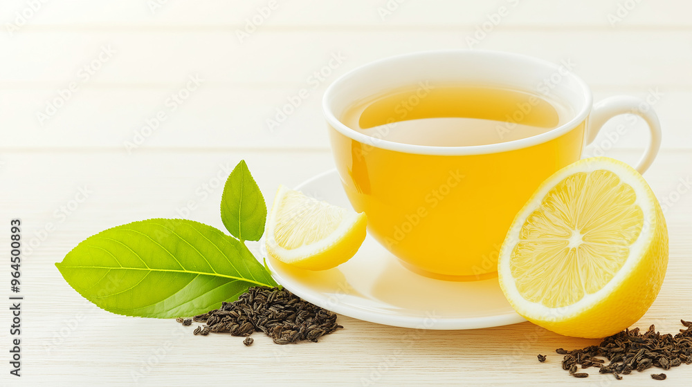 Cup of green tea with a lemon wedge on the side Cup of green tea with a lemon wedge on the side
