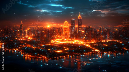 A futuristic cityscape illuminated by glowing lights against a dramatic sky.