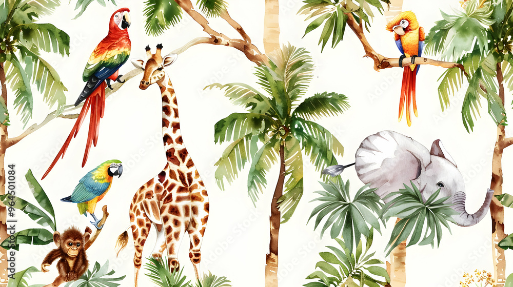 Fototapeta Wild animals watercolor seamless pattern with giraffe and elephant, monkey with cockatoo, parrot savannah with palm trees. Repeating background.