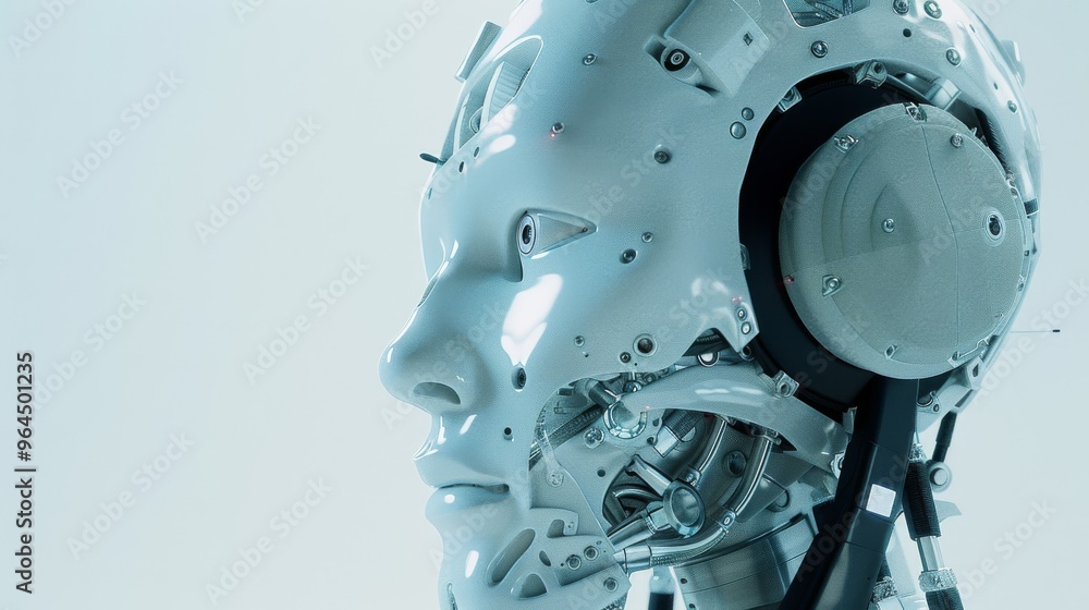 A close-up profile of a white cyborg head, showcasing intricate mechanical features against a minimalist backdrop. A close-up profile of a white cyborg head, showcasing intricate mechanical features against a minimalist backdrop.