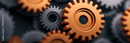 Close-up of interconnected metallic gears in various sizes, showcasing engineering and mechanical precision with a focus on teamwork and synchronization.