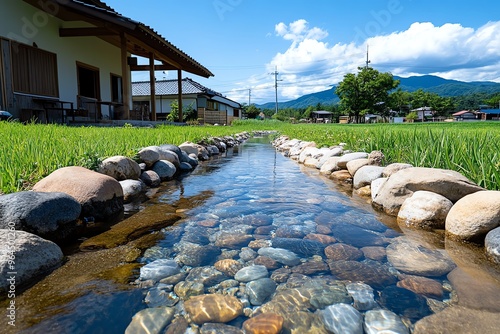 Japanese farm, quiet stream flowing through the property, clear water nourishes the fields and provides a peaceful soundtrack to farm life