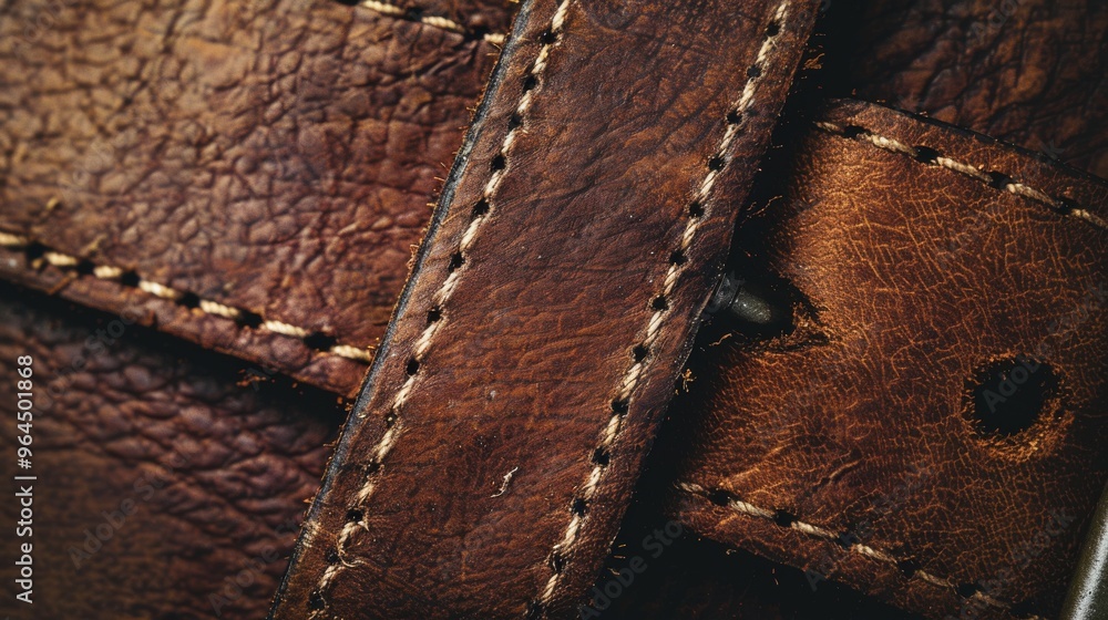 Detailed view of a weathered leather belt showcasing its rich patina, intricate stitching, and rustic charm. Detailed view of a weathered leather belt showcasing its rich patina, intricate stitching, and rustic charm.