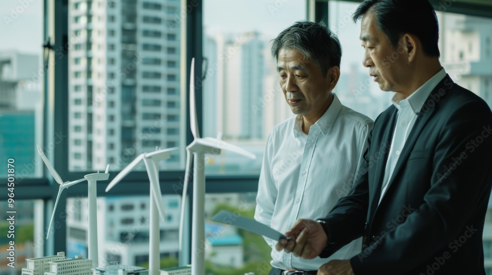 Two professionals in a corporate setting discussing wind energy models with urban landscape in the background, showing planning and corporate collaboration. Two professionals in a corporate setting discussing wind energy models with urban landscape in the background, showing planning and corporate collaboration.