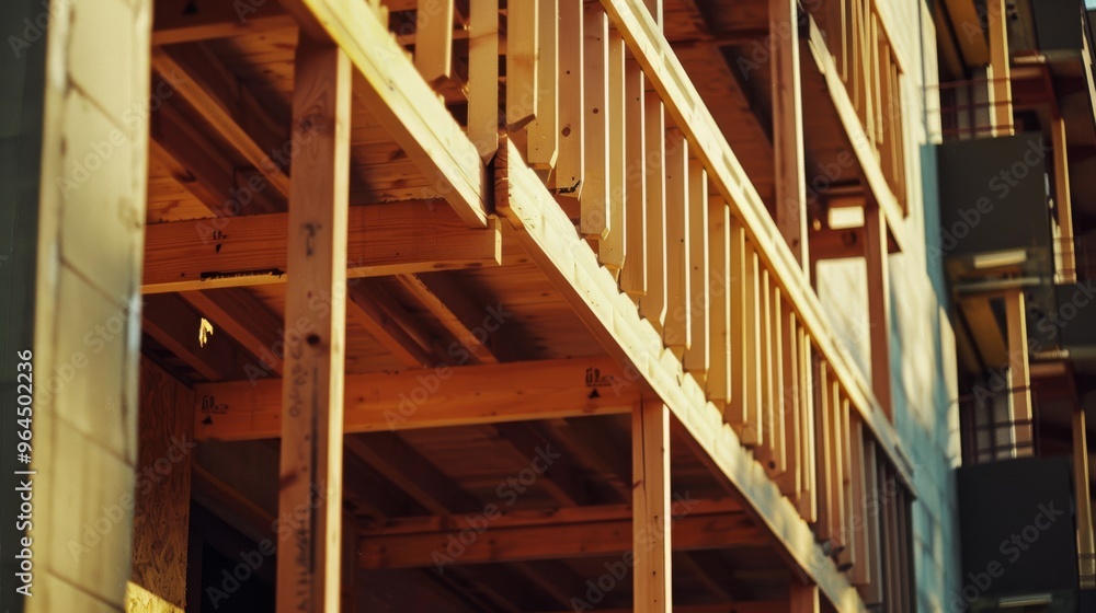 A detailed close-up of a wooden structure under construction, highlighting the framework and materials used in the building process. A detailed close-up of a wooden structure under construction, highlighting the framework and materials used in the building process.