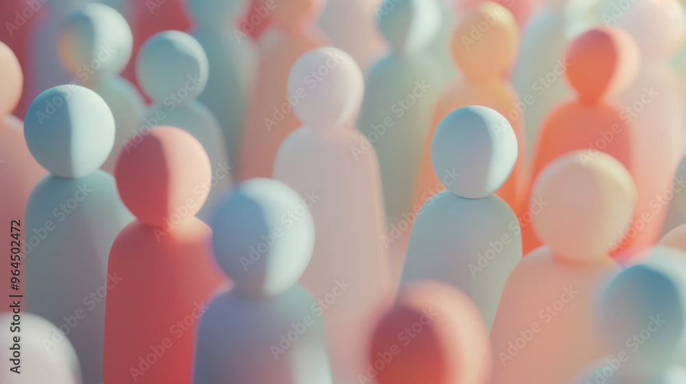 An array of pastel-colored human-like figures stands orderly in soft focus, evoking a sense of unity and diversity within a harmonious arrangement. An array of pastel-colored human-like figures stands orderly in soft focus, evoking a sense of unity and diversity within a harmonious arrangement.