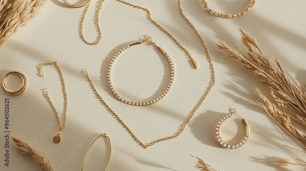 A chic collection of layered necklaces, gold hoops, and stackable rings arranged on a neutral background with minimalistic styling. A chic collection of layered necklaces, gold hoops, and stackable rings arranged on a neutral background with minimalistic styling.