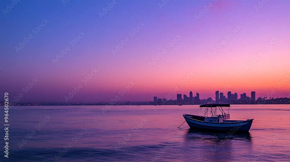 Naklejka premium Cityscape at Sunset with a Small Boat