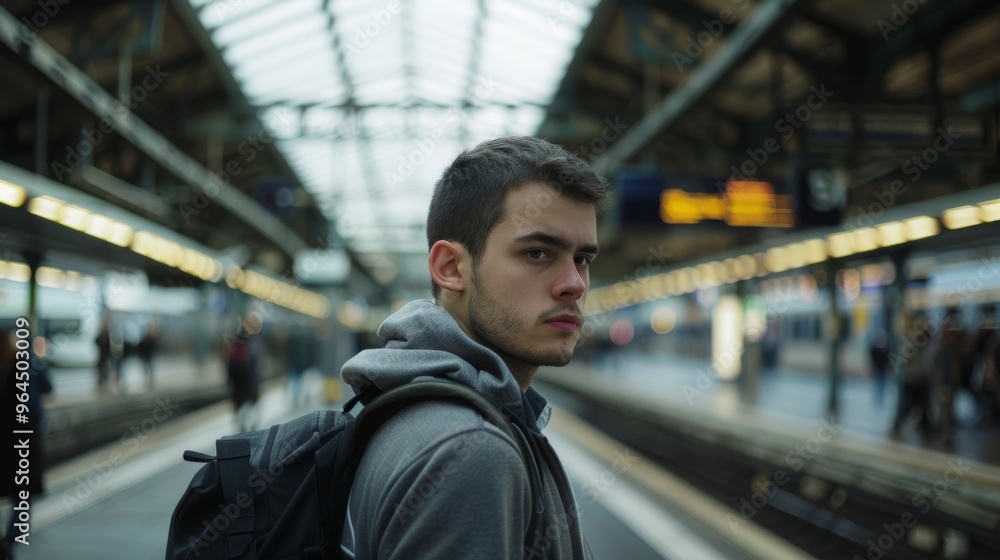 A young individual stands on a train platform, looking back with determination as the station's architecture frames the scene. A young individual stands on a train platform, looking back with determination as the station's architecture frames the scene.