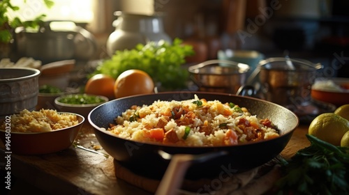 A rustic kitchen counter with a pot of freshly cooked rice being served, with a wooden spoon and a side of homemade stir-fry, illustrating a comforting home-cooked meal.