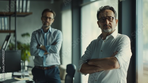 Two serious businessmen, arms crossed, stand in contemplation in an elegant office, representing strategic planning and strong leadership.