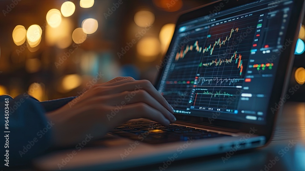 A close-up of hands typing on a laptop displaying an investment portfolio, with charts, graphs, and profit analysis tools on the screen.7b85087fff5a A close-up of hands typing on a laptop displaying an investment portfolio, with charts, graphs, and profit analysis tools on the screen.7b85087fff5a