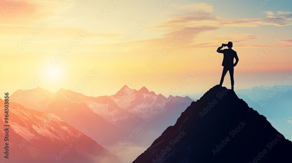 Businessman's Vision for Success: A Perspective for Future Planning. A businessman stands on a mountain peak with binoculars, looking out into the distance, symbolizing his vision for the future. Businessman's Vision for Success: A Perspective for Future Planning. A businessman stands on a mountain peak with binoculars, looking out into the distance, symbolizing his vision for the future.