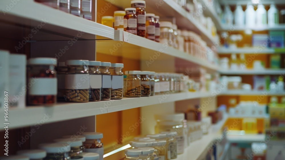 Shelves full of various medicines and supplements line the wall of a well-stocked pharmacy, ready to serve customers' healthcare needs. Shelves full of various medicines and supplements line the wall of a well-stocked pharmacy, ready to serve customers' healthcare needs.