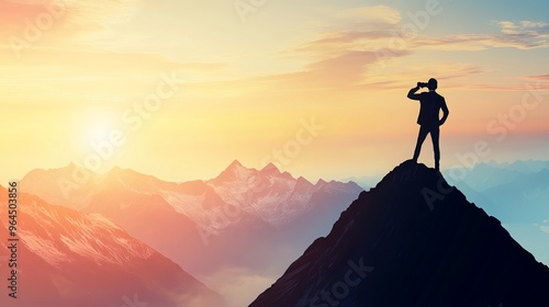 Businessman's Vision for Success: A Perspective for Future Planning. A businessman stands on a mountain peak with binoculars, looking out into the distance, symbolizing his vision for the future.