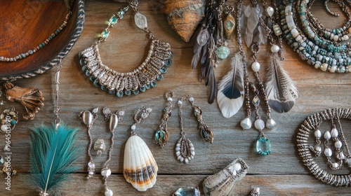 A collage of various bohemian-style jewelry pieces, including shell necklaces, feather earrings, and beaded anklets, spread across a natural wood surface.