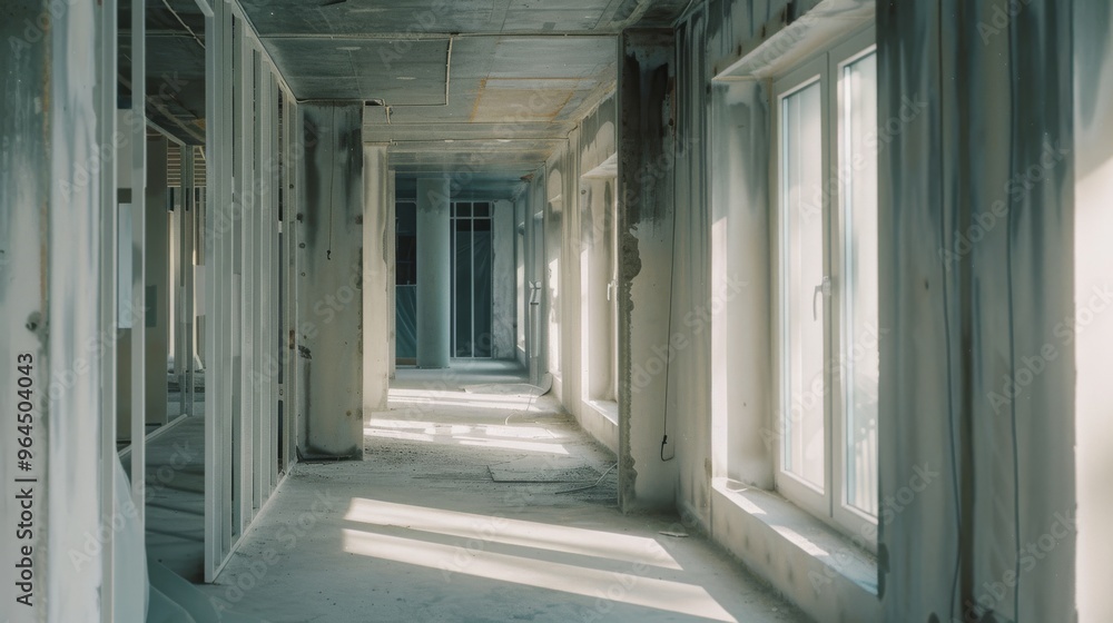 Sunlight streams through the windows of an unfinished, empty corridor in a building under construction, casting long shadows and illuminating the raw materials. Sunlight streams through the windows of an unfinished, empty corridor in a building under construction, casting long shadows and illuminating the raw materials.