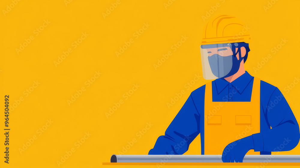 Worker with face shield, grinding metal piece, flat design illustration Worker with face shield, grinding metal piece, flat design illustration