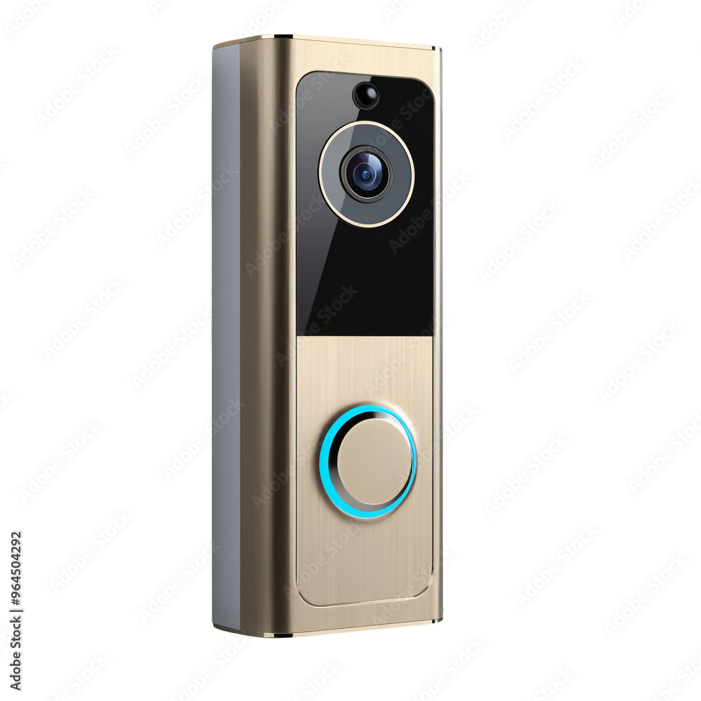 Modern sleek video doorbell with metallic gold finish, black camera panel, blue LED ring button, and minimalist design for a contemporary entrance, generative ai Modern sleek video doorbell with metallic gold finish, black camera panel, blue LED ring button, and minimalist design for a contemporary entrance, generative ai