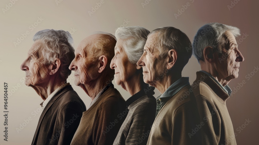 A diverse group of elderly individuals standing in profile, gazing forward against a neutral backdrop. A diverse group of elderly individuals standing in profile, gazing forward against a neutral backdrop.