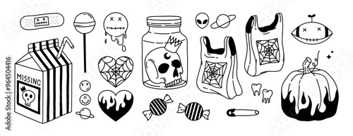 Halloween vector hand drawn big set in Y2K style. Happy Halloween day tattoos. Horror doodle collection. Pumpkin, skull in a jar, milk, scarecrow, candy, plastic bags, teeth, heart