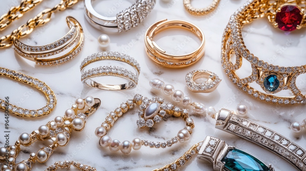 A flat lay of assorted gold and silver rings, bracelets, and necklaces arranged on a marble surface, with gemstones and pearls scattered in between. A flat lay of assorted gold and silver rings, bracelets, and necklaces arranged on a marble surface, with gemstones and pearls scattered in between.