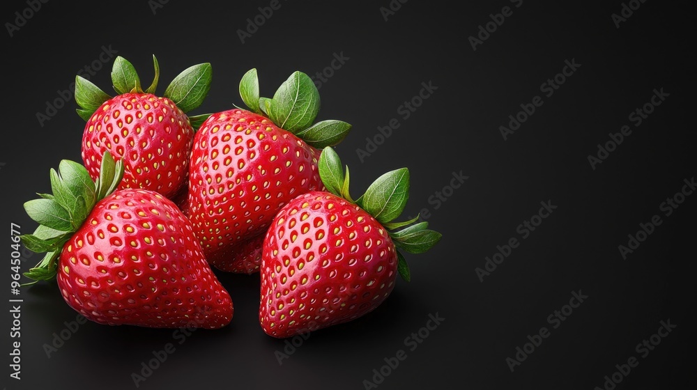 Four ripe strawberries with green leaves laying on a black background, capturing their vibrant red color and texture. Four ripe strawberries with green leaves laying on a black background, capturing their vibrant red color and texture.