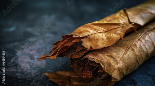 Dried tobacco leaves are artfully arranged, highlighting their rich, textured surface and warm hues against a dark background.