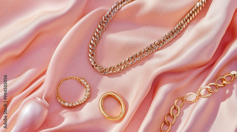 A flat lay of fashion jewelry including mixed metal rings, a statement necklace, and layered anklets, set against a blush pink fabric backdrop. A flat lay of fashion jewelry including mixed metal rings, a statement necklace, and layered anklets, set against a blush pink fabric backdrop.