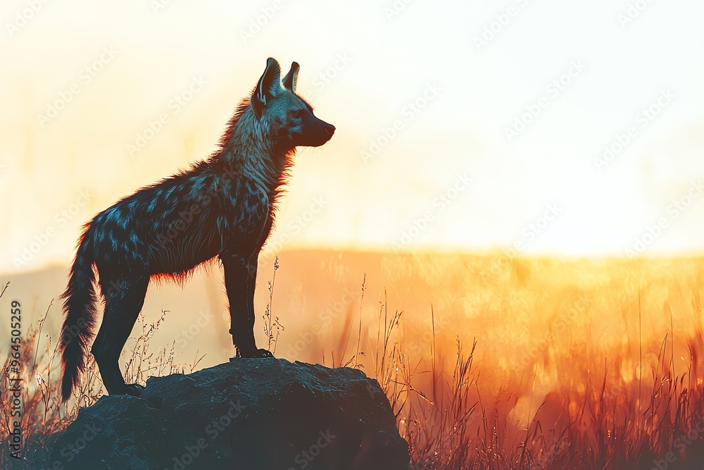 Hyena standing on rock close up, focus on, copy space dry savannah light, Double exposure silhouette with distant mountains Hyena standing on rock close up, focus on, copy space dry savannah light, Double exposure silhouette with distant mountains