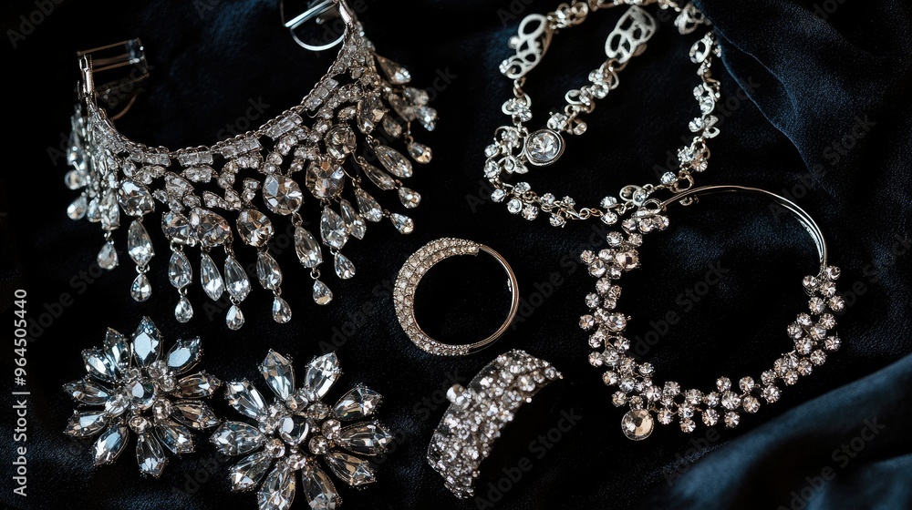 A glamorous flat lay of chandelier earrings, crystal bracelets, and statement rings, set against a black velvet background for a dramatic effect. A glamorous flat lay of chandelier earrings, crystal bracelets, and statement rings, set against a black velvet background for a dramatic effect.