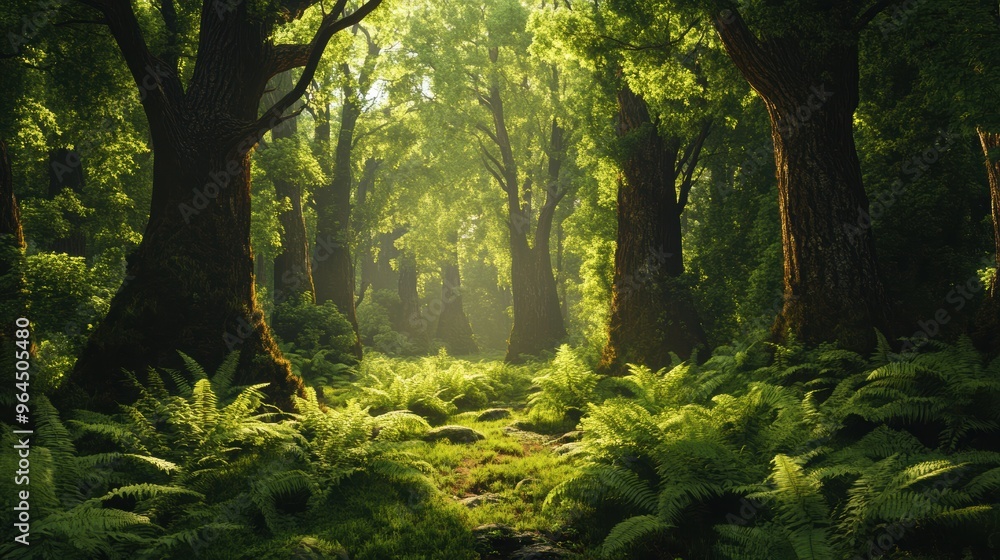 Fototapeta premium Serene Summer Exploration in an Ancient Forest with Towering Trees and Lush Ferns