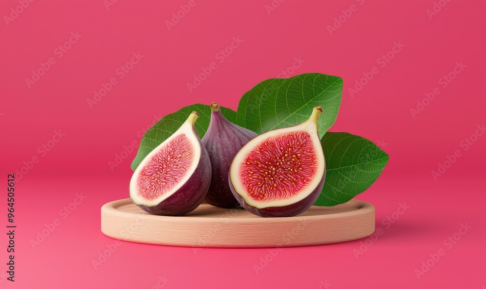 Fresh figs with green leaves on a wooden plate against a pink background, showcasing vibrant colors and healthy eating. Fresh figs with green leaves on a wooden plate against a pink background, showcasing vibrant colors and healthy eating.