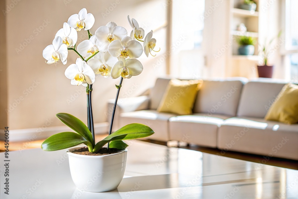 White orchid against the background of a bright living room
White orchid against the background of a bright living room