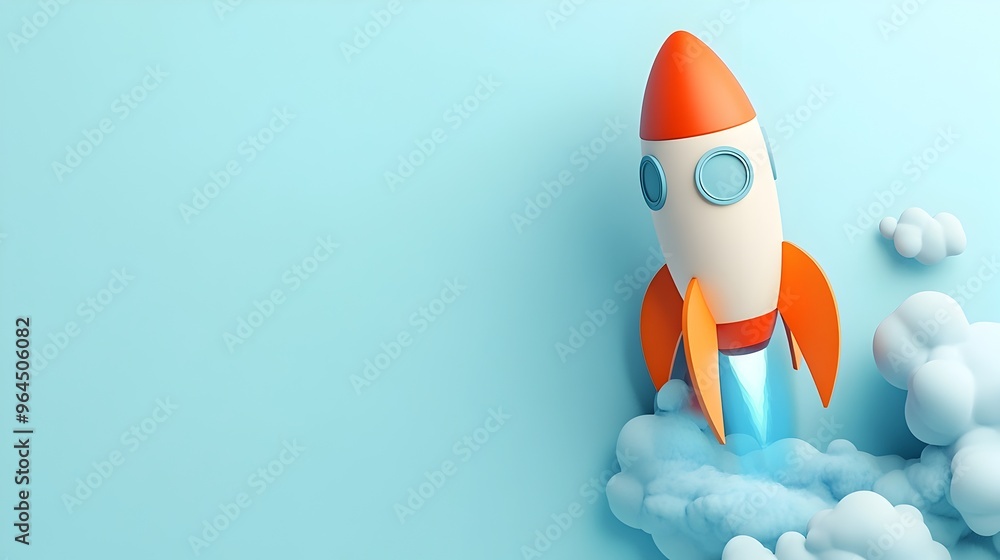 Cartoon Rocket Blastoff Technology Business Launch Concept Banner in Pastel Colors Cartoon Rocket Blastoff Technology Business Launch Concept Banner in Pastel Colors