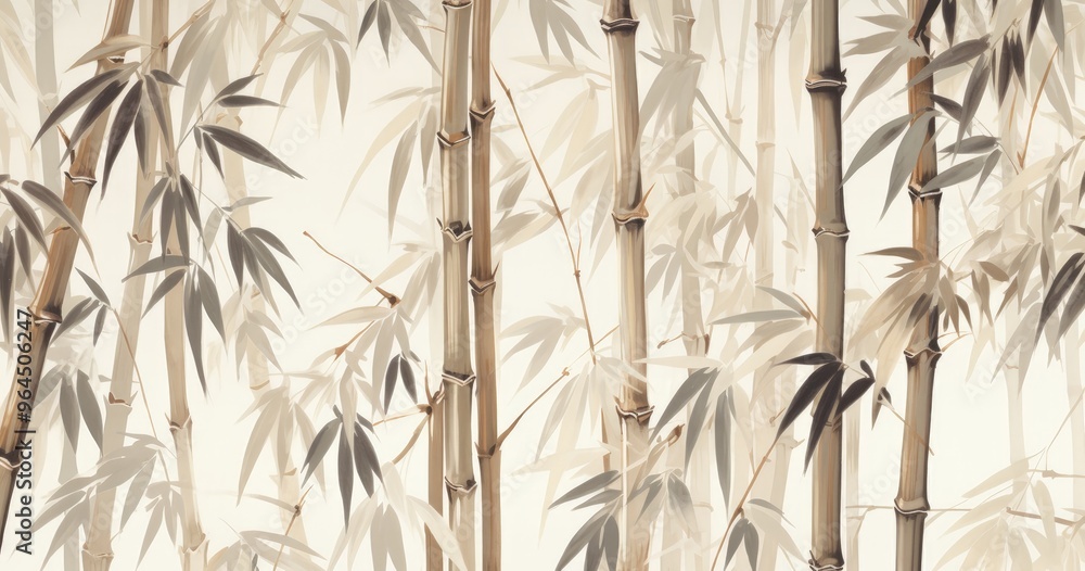 A serene depiction of bamboo stalks with delicate leaves, creating a tranquil and natural atmosphere. A serene depiction of bamboo stalks with delicate leaves, creating a tranquil and natural atmosphere.