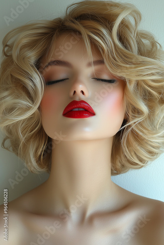 A woman with blonde hair and red lipstick is shown with her eyes closed. Concept of relaxation and tranquility, as the woman is in a peaceful state of mind