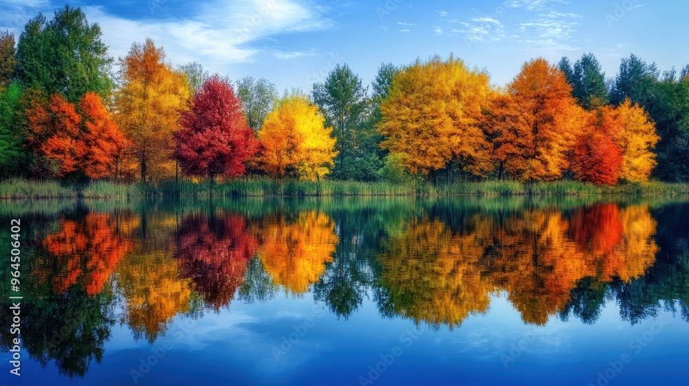 A lake surrounded by autumn-colored trees reflecting stunning seasonal hues A lake surrounded by autumn-colored trees reflecting stunning seasonal hues