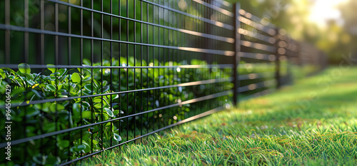 Closeup of a black metal fence with green foliage growing along the bottom. The sun shines through the fence, creating a warm glow. photo