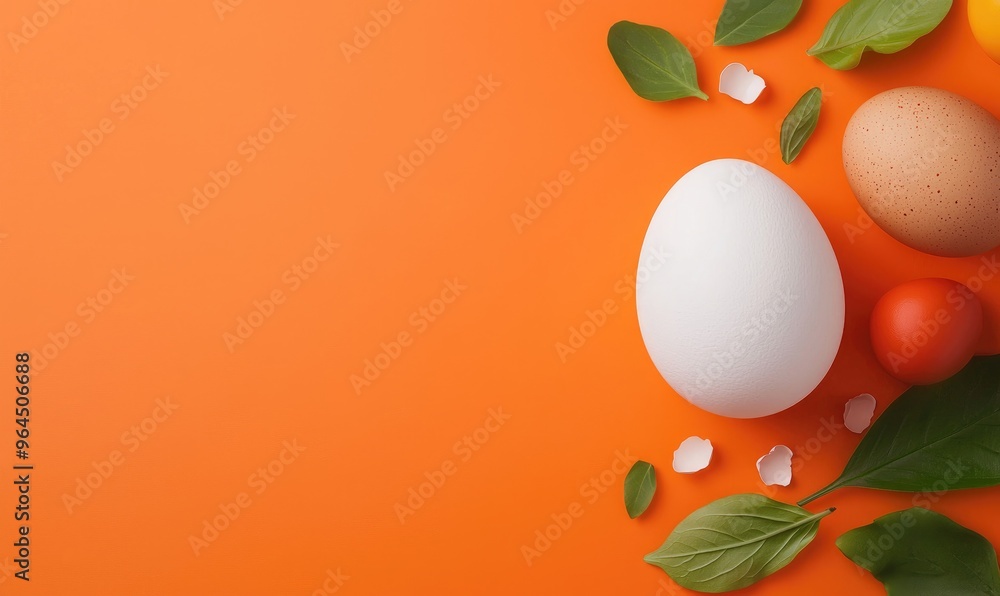 Fresh ingredients including eggs, tomatoes, leaves, and salt on a vibrant orange background. Perfect for culinary or nutrition concepts. Fresh ingredients including eggs, tomatoes, leaves, and salt on a vibrant orange background. Perfect for culinary or nutrition concepts.