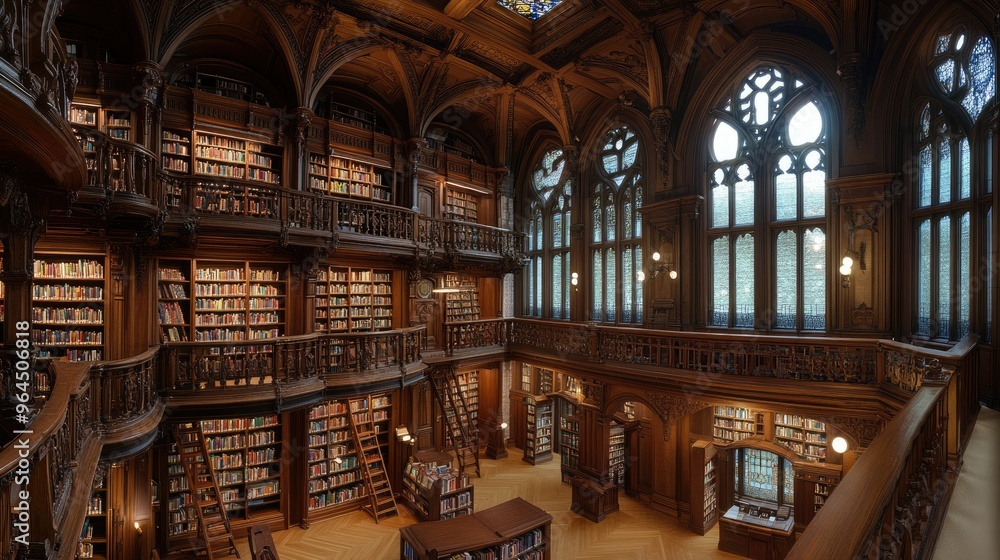 A panoramic view of an ornate, historical library with tall wooden bookshelves, ladders, and grand arched windows letting in natural light. A panoramic view of an ornate, historical library with tall wooden bookshelves, ladders, and grand arched windows letting in natural light.