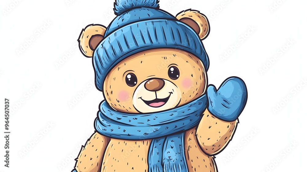 Fototapeta premium Cute Teddy Bear Wearing Blue Knit Hat and Scarf in Snowy Winter Scene