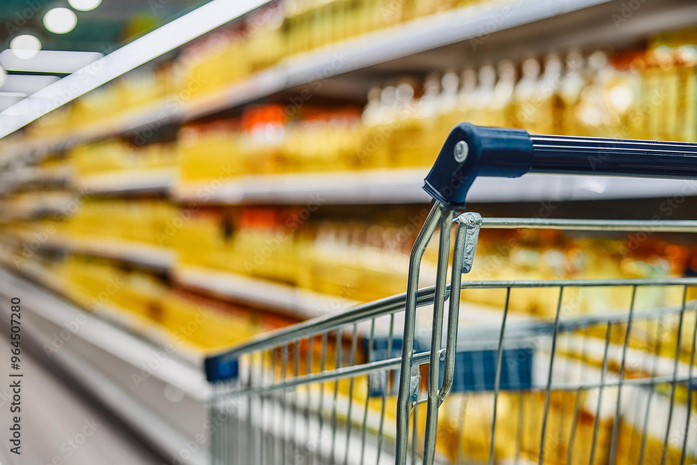 view of shopping cart in supermarket aisle view of shopping cart in supermarket aisle