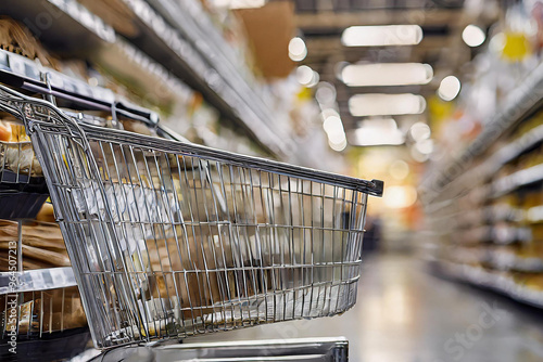 view of shopping cart in supermarket aisle